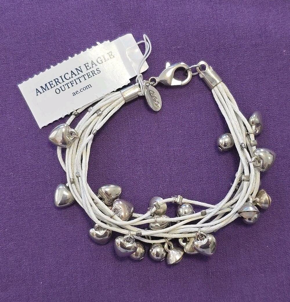 American Eagle Outfitters White Multistrand Bracelet Silver Tone Dangles New 6.5